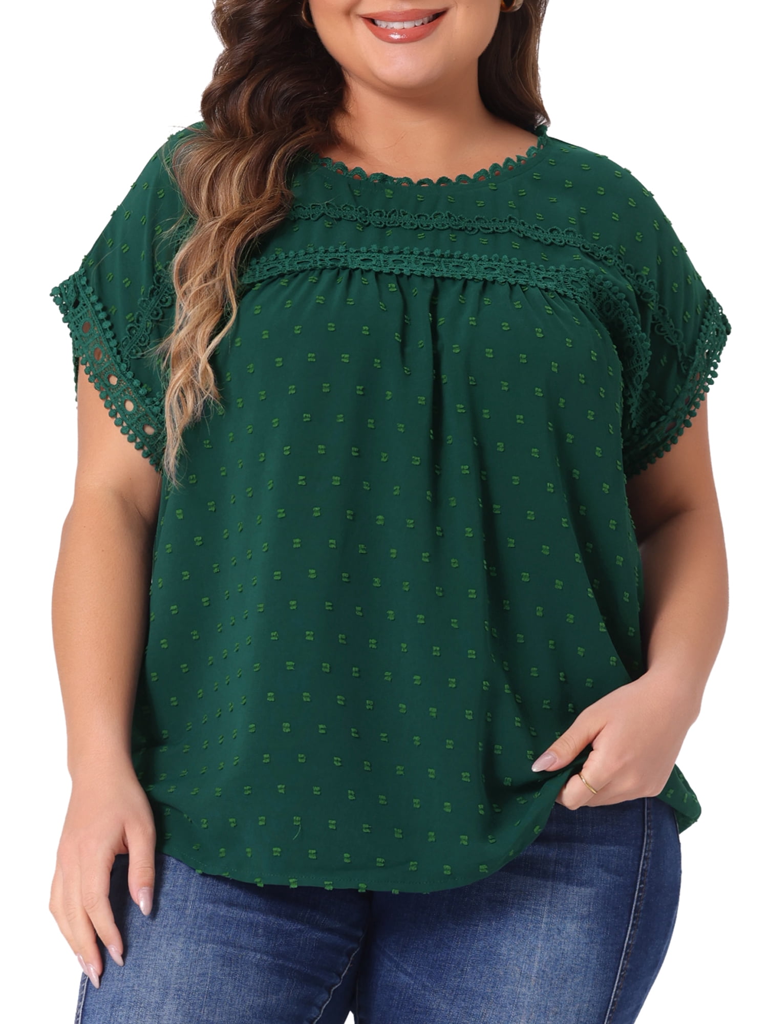 Women's Plus Tops with Swiss Dots Crew Neck Short Sleeve Casual Blouses 1X Dark Green