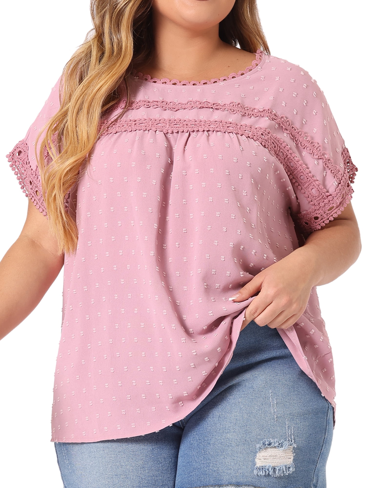 Women's Plus Tops with Swiss Dots Crew Neck Short Sleeve Casual Blouses 1X Pink