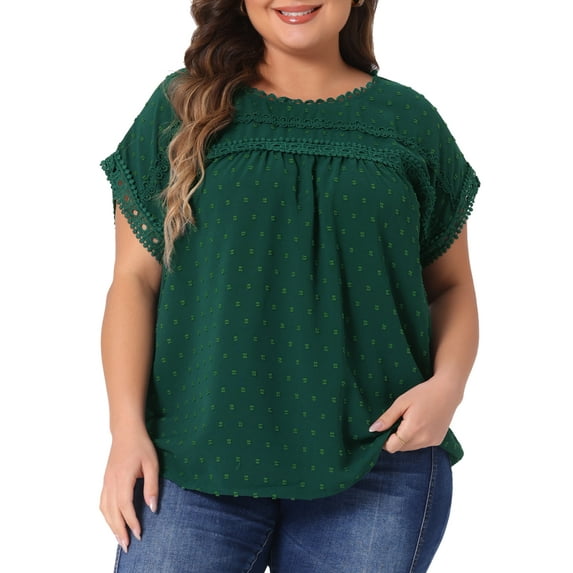 DARING DIVA Women's Plus Chiffon Blouse Swiss Dot Lace Pleated Top 3X Dark Green