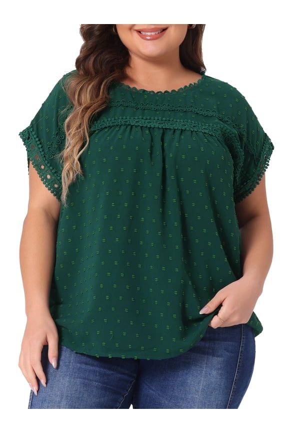 DARING DIVA Women's Plus Swiss Dots Crew Neck Lace Crochet Blouse 3X Dark Green