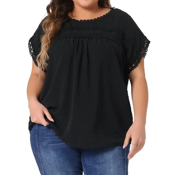 DARING DIVA Women's Plus Swiss Dots Crew Neck Lace Crochet Blouse 4X Black