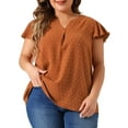 thumbnail image 1 of DARING DIVA Women's Plus Swiss Dots Notched Neck Ruffle Sleeve Top 2X Caramel, 1 of 6