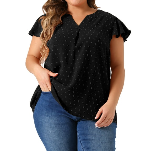 DARING DIVA Women's Plus Swiss Dots Notched Neck Ruffle Sleeve Top 3X Black
