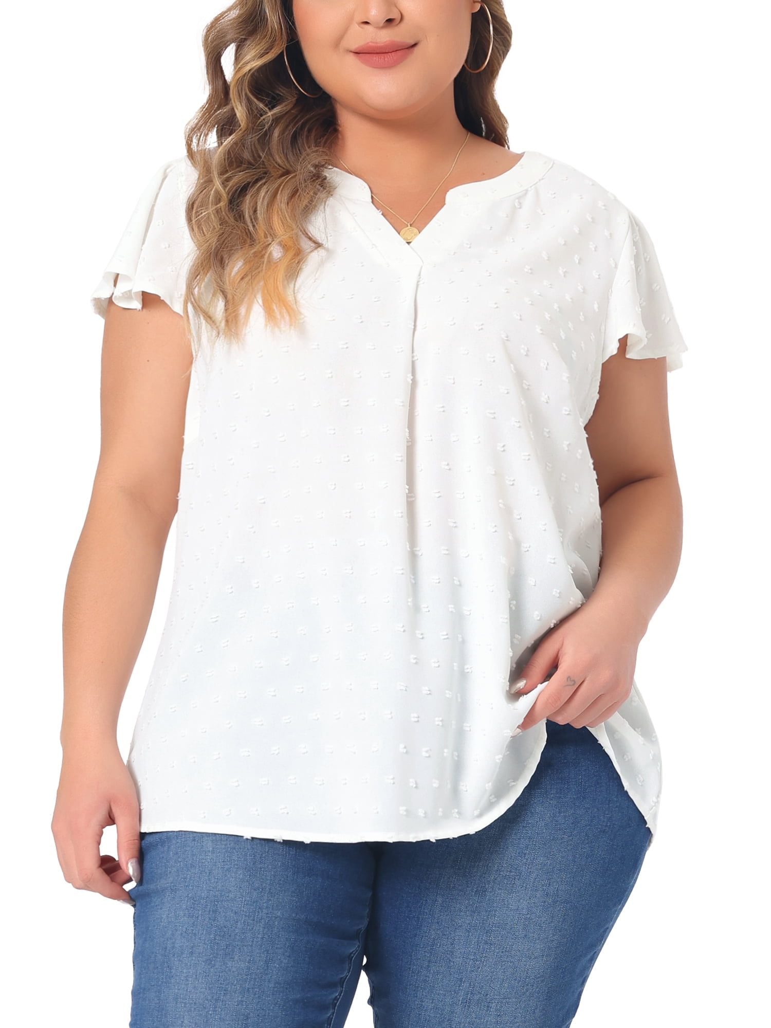 DARING DIVA Women's Plus Swiss Dots Notched Neck Ruffle Sleeve Top 3X White