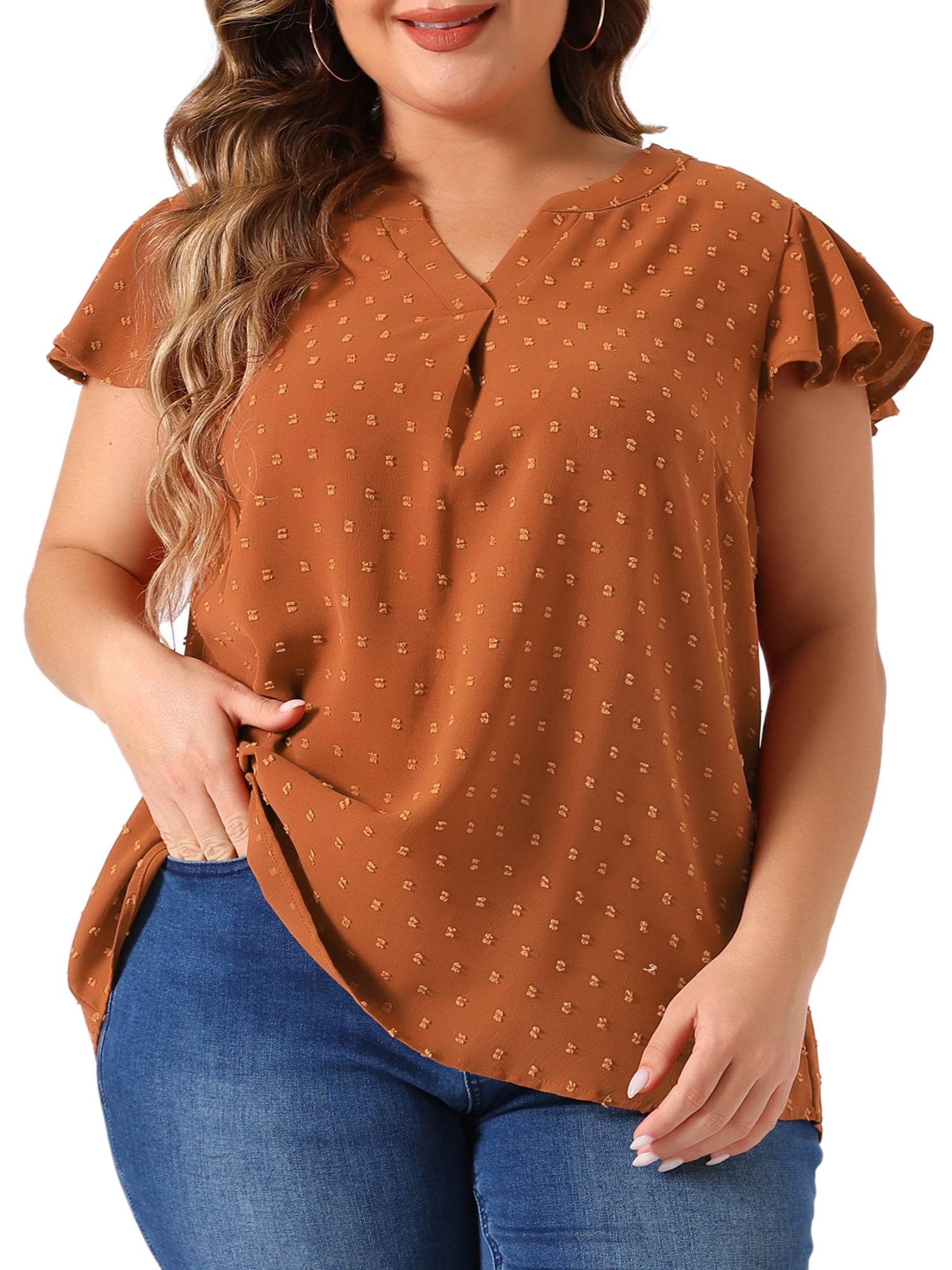 DARING DIVA Women's Plus Swiss Dots Notched Neck Ruffle Sleeve Top 4X Caramel