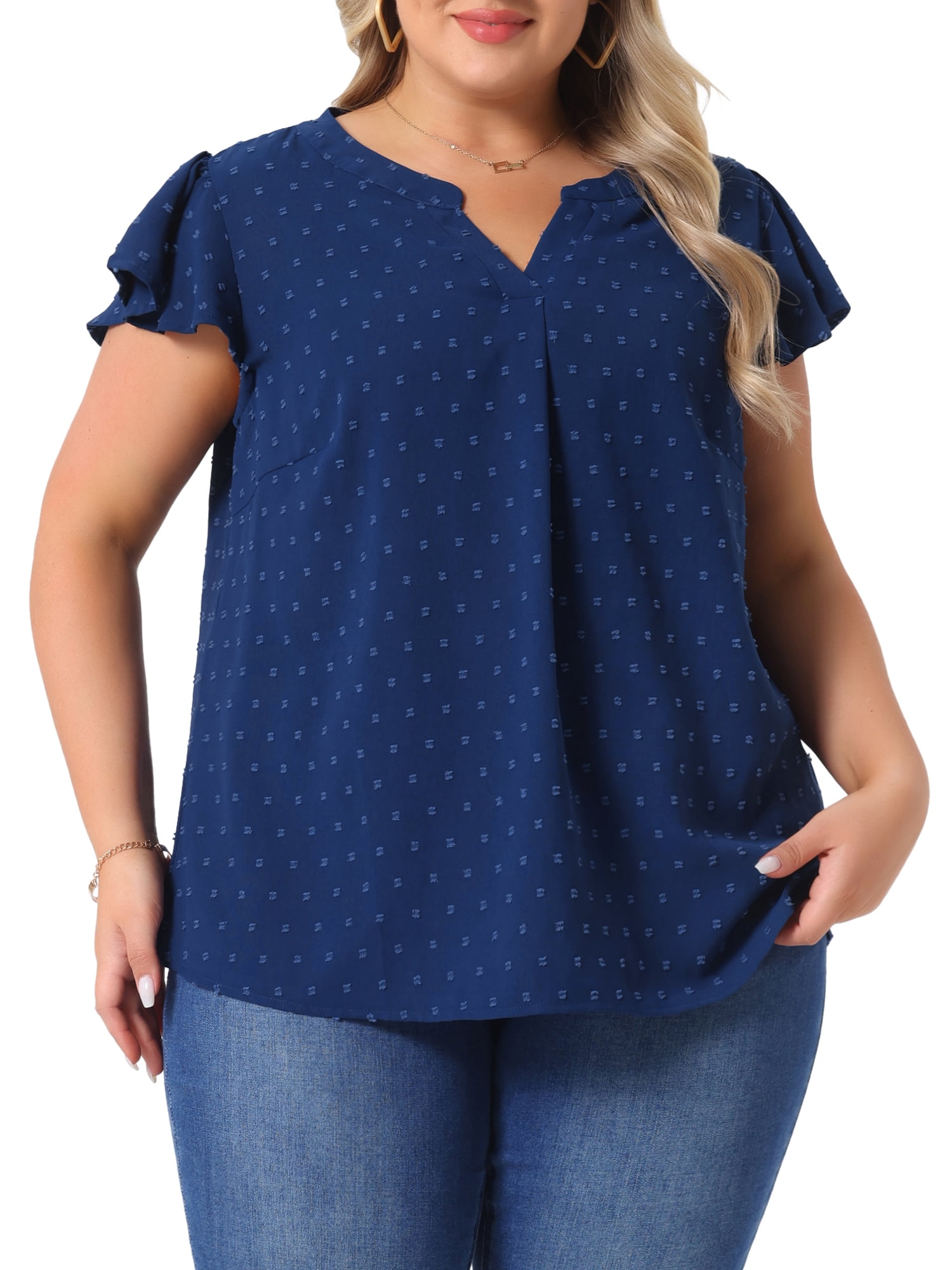DARING DIVA Women's Plus Swiss Dots Notched Neck Ruffle Sleeve Top 4X Dark Blue