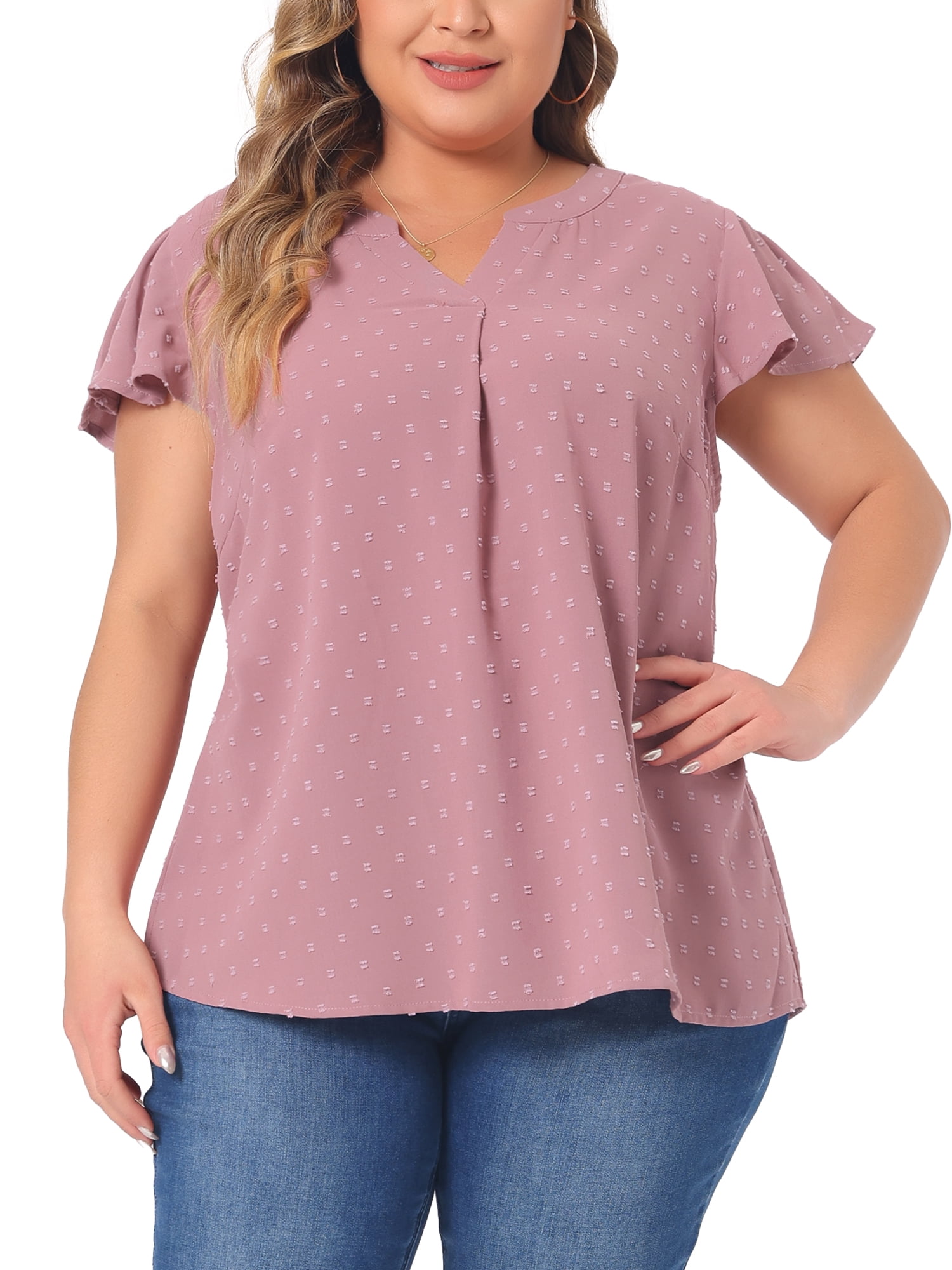 DARING DIVA Women's Plus Swiss Dots Notched Neck Ruffle Sleeve Top 4X Gray Purple