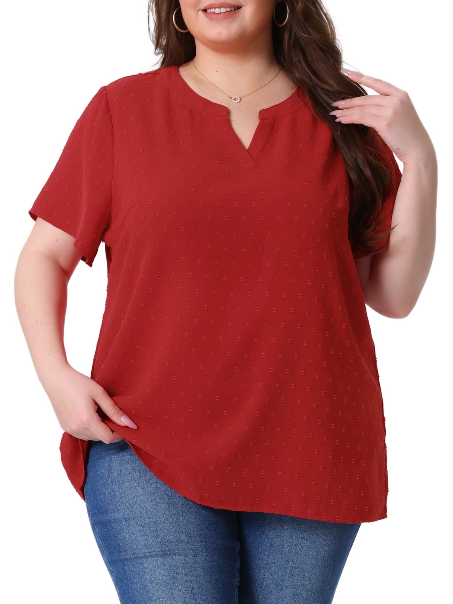 DARING DIVA Women's Plus Swiss Dots Notched Neck Short Sleeve Blouse 3X Red
