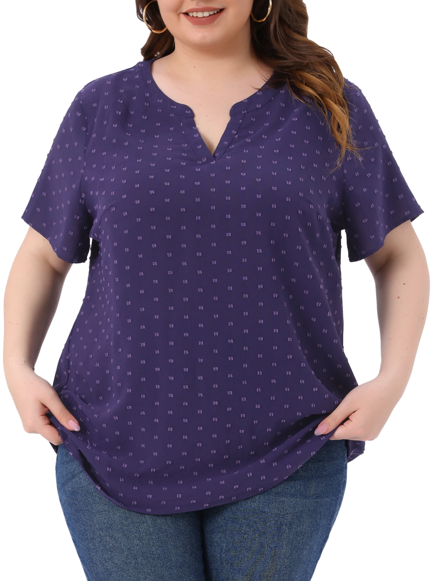 DARING DIVA Women's Plus Swiss Dots Notched Neck Short Sleeve Blouse 4X Dark Blue Purple