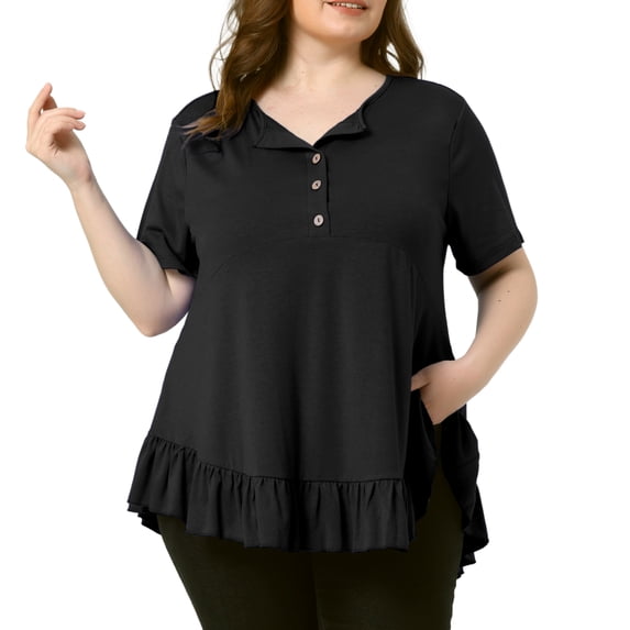 DARING DIVA Women's Plus T Shirts Henley V Neck Button Up Ruffled Blouses Tops 1X Black