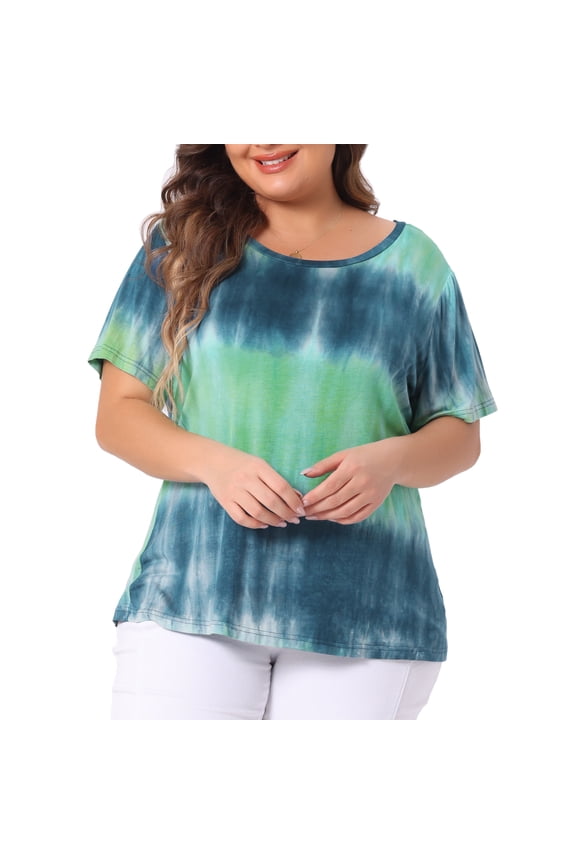 DARING DIVA Women's Plus T-Shirts Round Neck Multi-Color Dye Casual Tops 3X Blue Green