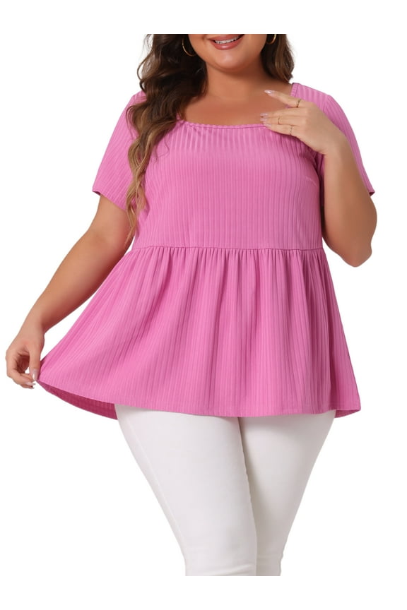Women's Plus T-Shirts Square Neck Peplum Short Sleeve Tops 1X Dark Pink
