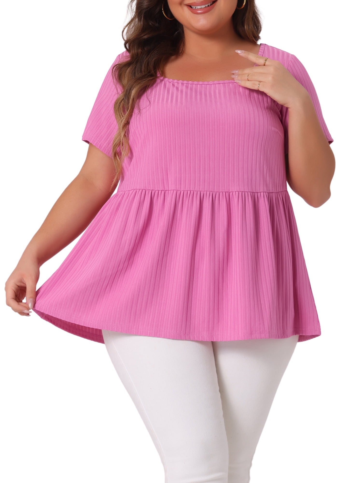 DARING DIVA Women's Plus T-Shirts Square Neck Peplum Short Sleeve Tops 2X Dark Pink