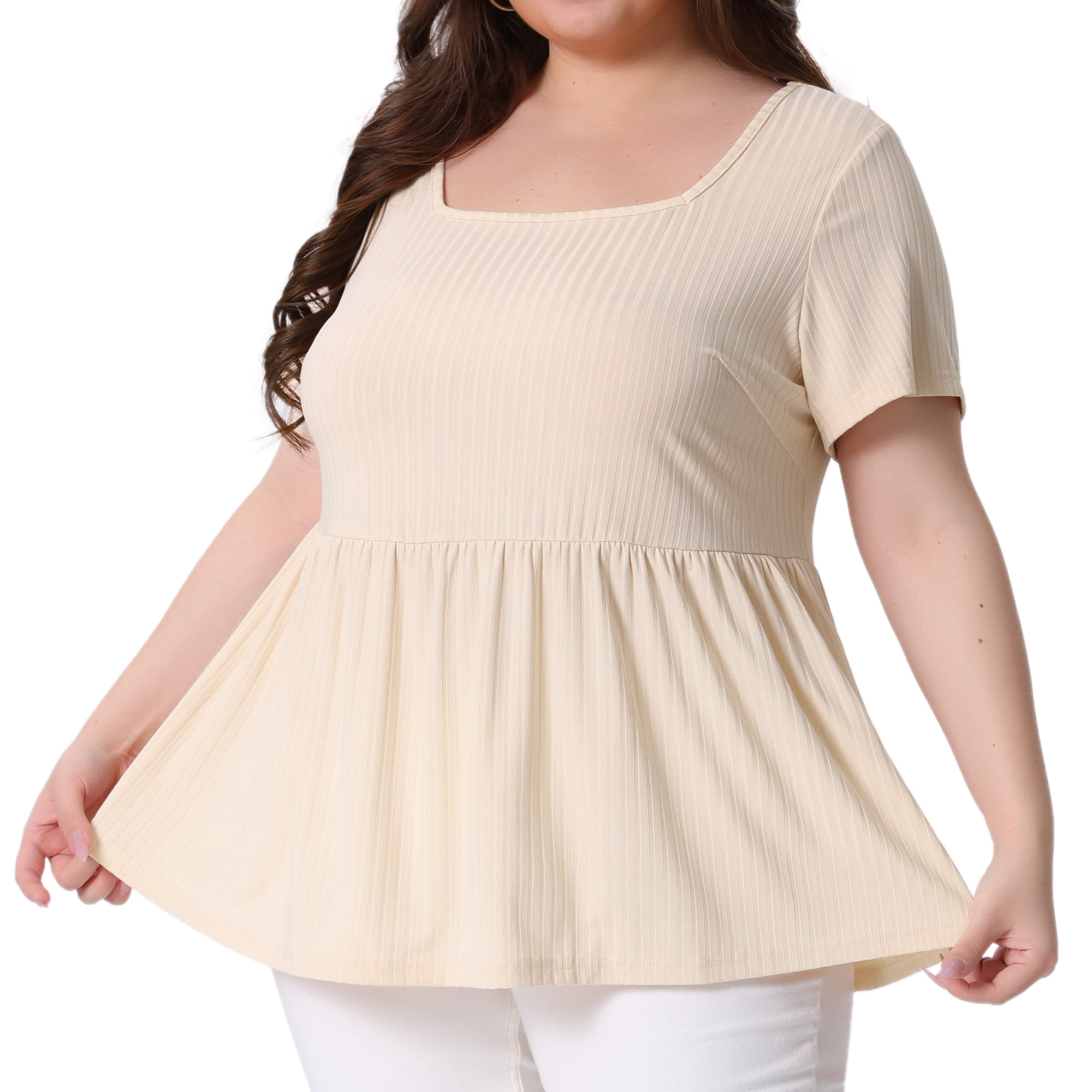 DARING DIVA Women's Plus T-Shirts Square Neck Peplum Short Sleeve Tops 4X Beige