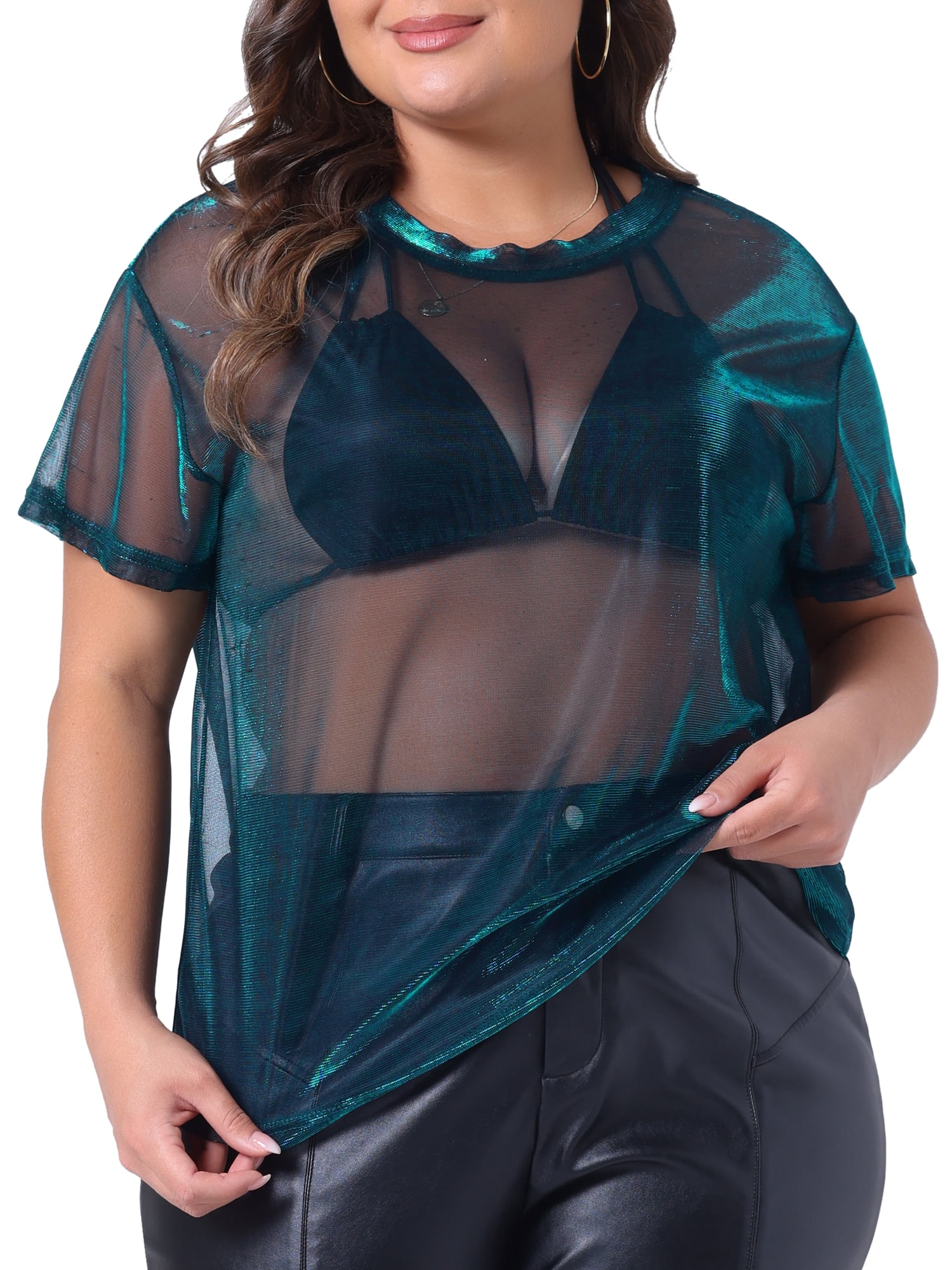 DARING DIVA Women's Plus Size Sheer Mesh Holographic See Through Blouse 1X Cyan