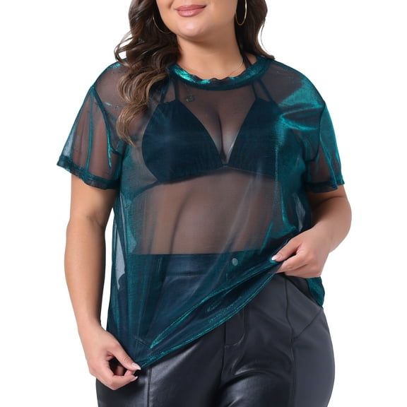 DARING DIVA Women's Plus T-shirt Sheer Mesh Drop Shoulder Blouse 4X Cyan