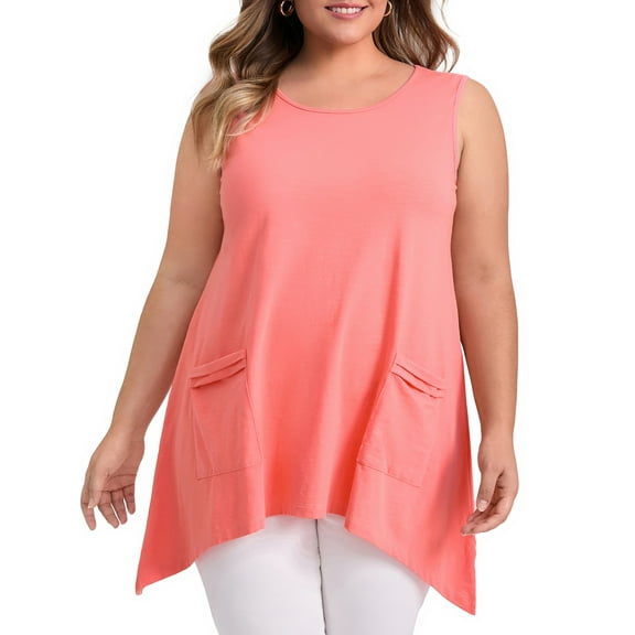 DARING DIVA Women's Plus Tank Top High Low Hem Casual Blouse with Pockets 1X Coral Pink