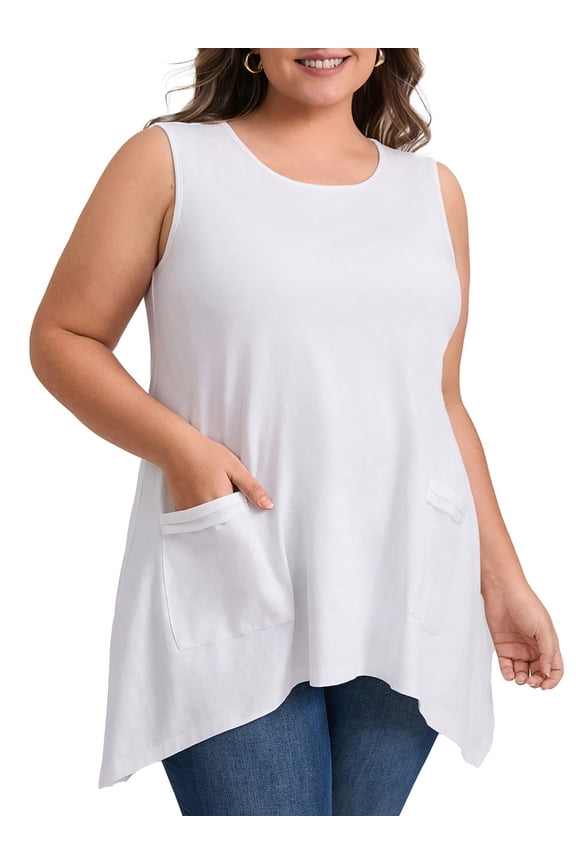 Women's Plus Tank Top High Low Hem Casual Blouse with Pockets 1X White
