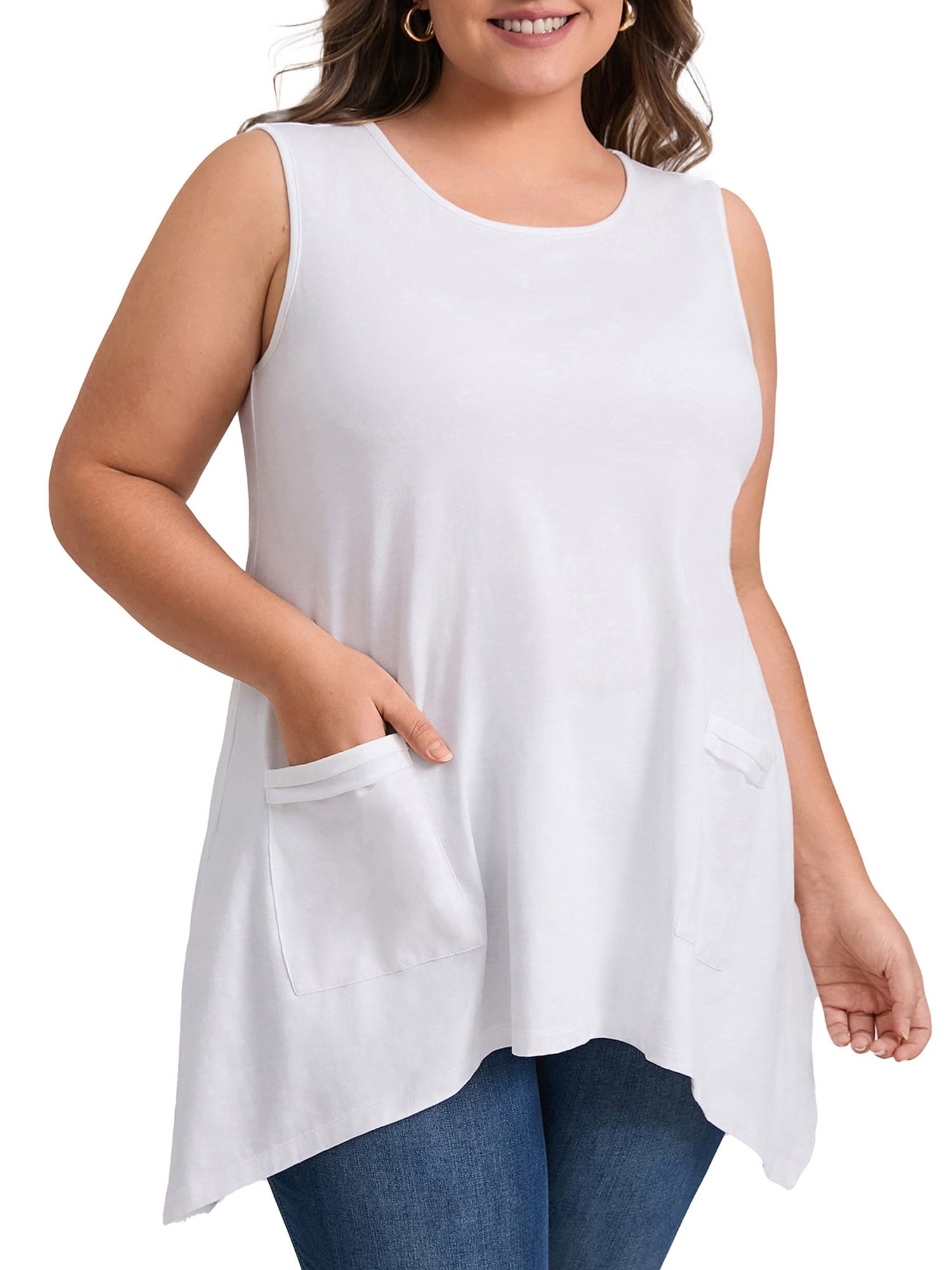 DARING DIVA Women's Plus Tank Top High Low Hem Casual Blouse with Pockets 4X White