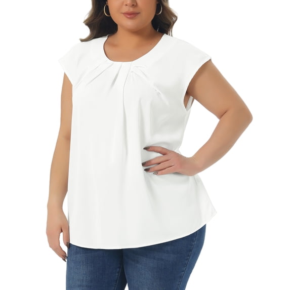 DARING DIVA Women's Plus Tank Tops Pleated Crewneck Casual Work Shirts 1X White