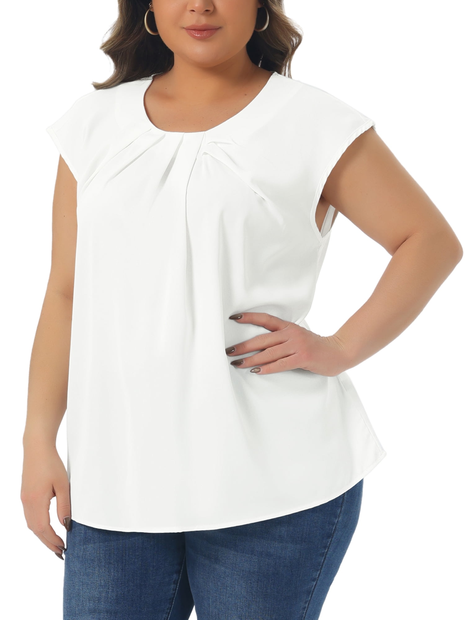 DARING DIVA Women's Plus Tank Tops Pleated Crewneck Casual Work Shirts 4X White