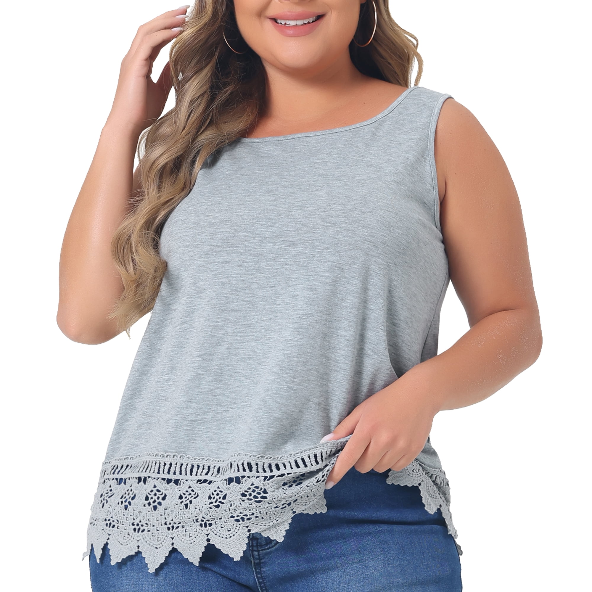 DARING DIVA Women's Plus Tank Tops Round Neck Swing Lace Panel Flowy Tops 2X Grey