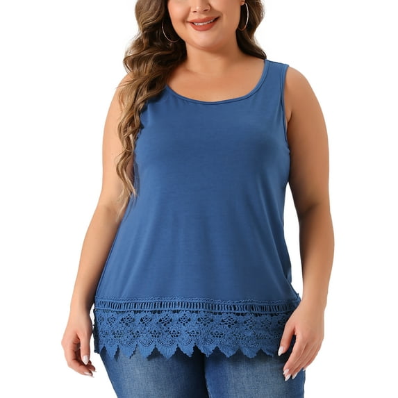 DARING DIVA Women's Plus Tank Tops Round Neck Swing Lace Panel Flowy Tops 2X Navy Blue