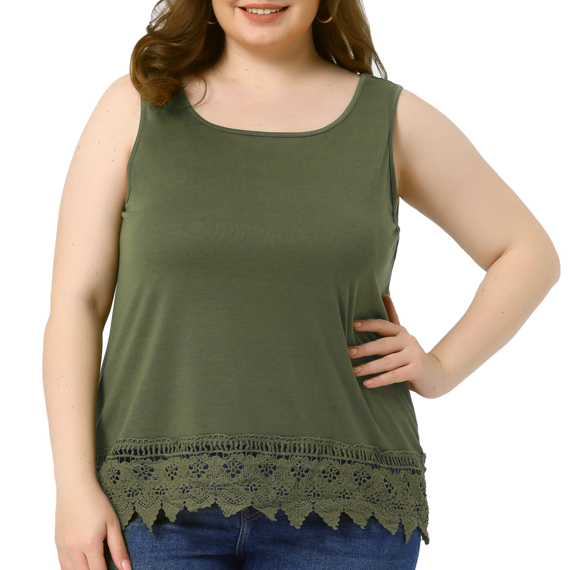 DARING DIVA Women's Plus Tank Tops Round Neck Swing Lace Panel Flowy Tops 4X Army Green