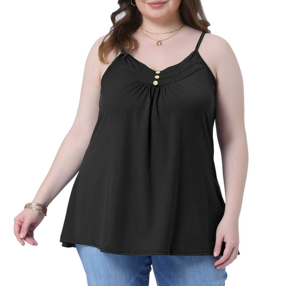 DARING DIVA Women's Plus Tank Tops with Button V Neck and Pleated Design 1X Black