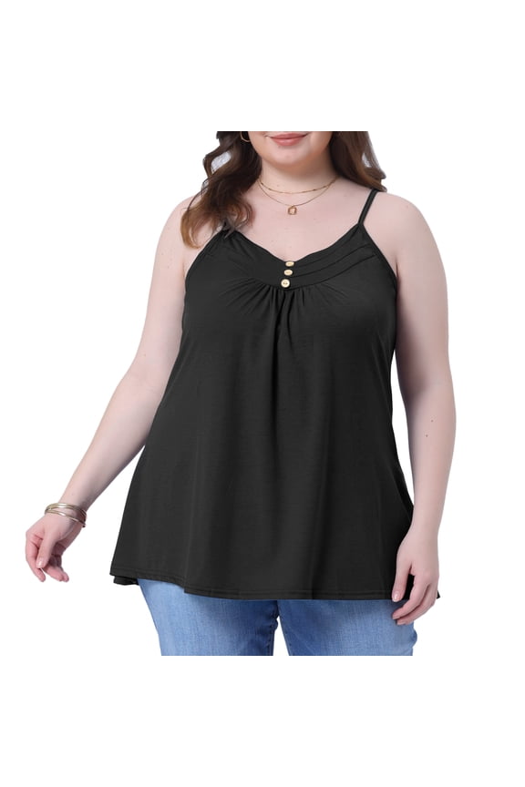 Women's Plus Tank Tops with Button V Neck and Pleated Design 1X Black