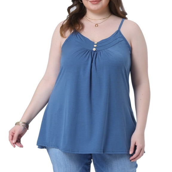 DARING DIVA Women's Plus Tank Tops with Button V Neck and Pleated Design 1X Blue