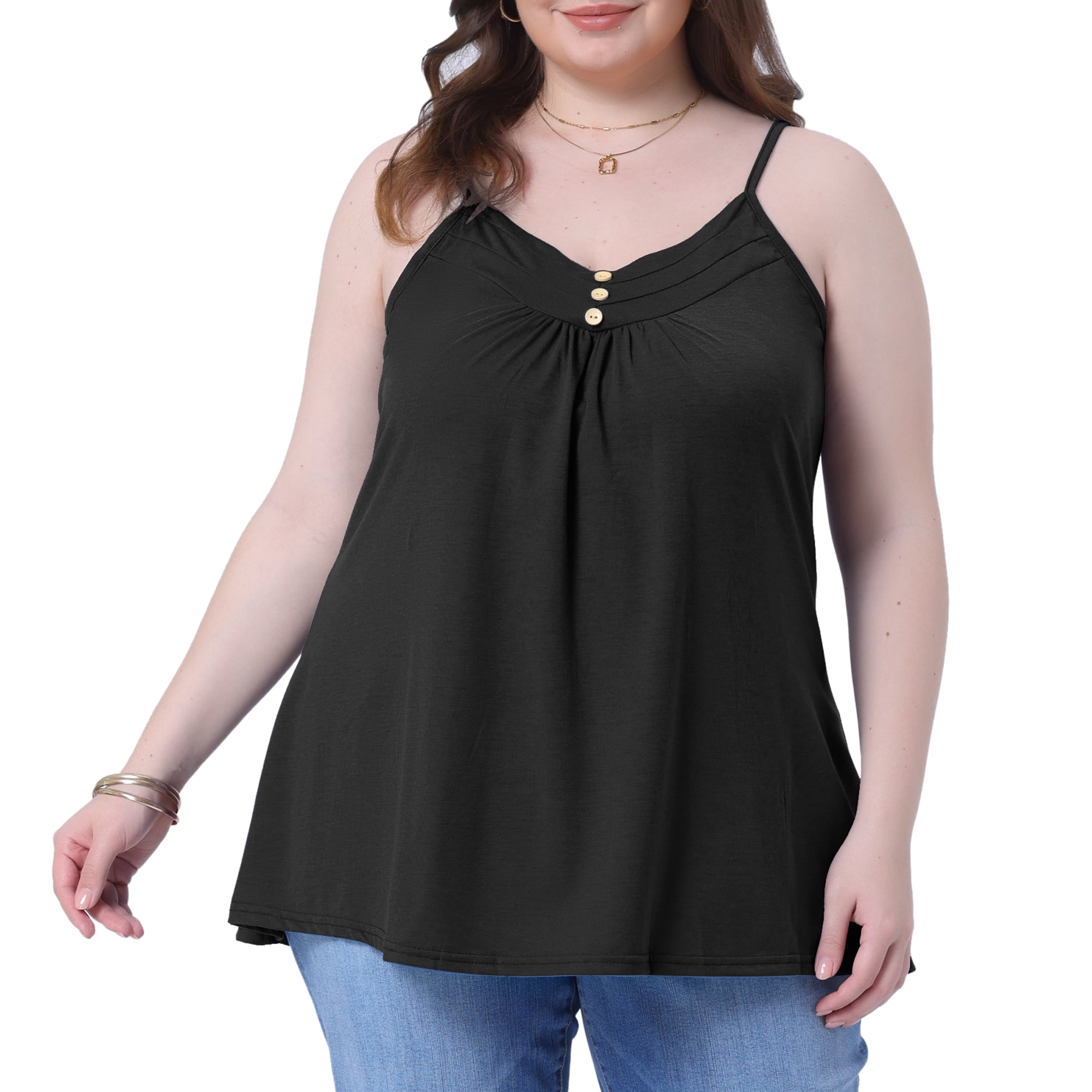 DARING DIVA Women's Plus Tank Tops with Button V Neck and Pleated Design 2X Black