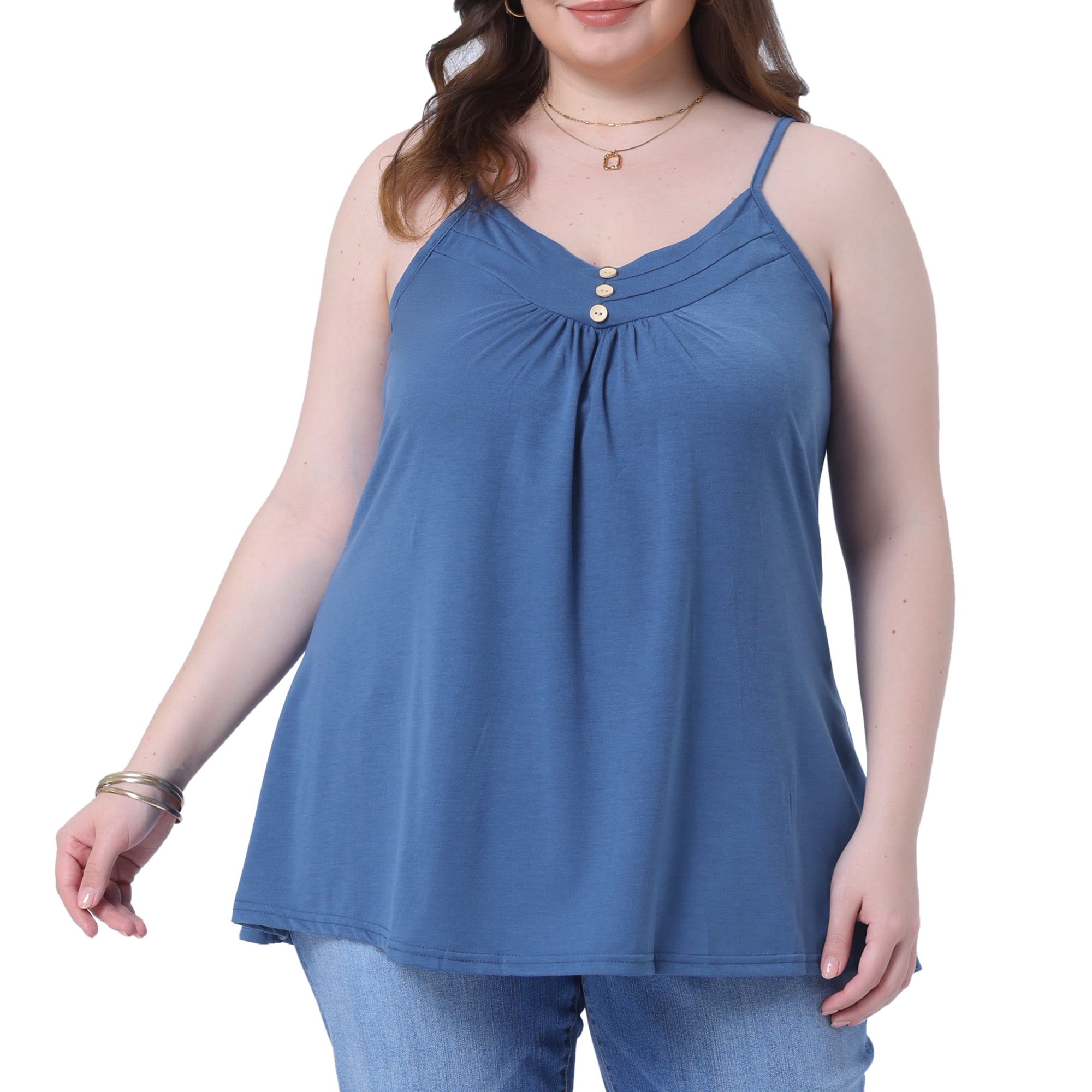 DARING DIVA Women's Plus Tank Tops with Button V Neck and Pleated Design 2X Blue