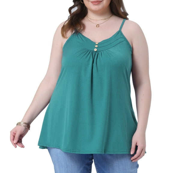 DARING DIVA Women's Plus Tank Tops with Button V Neck and Pleated Design 4X Green