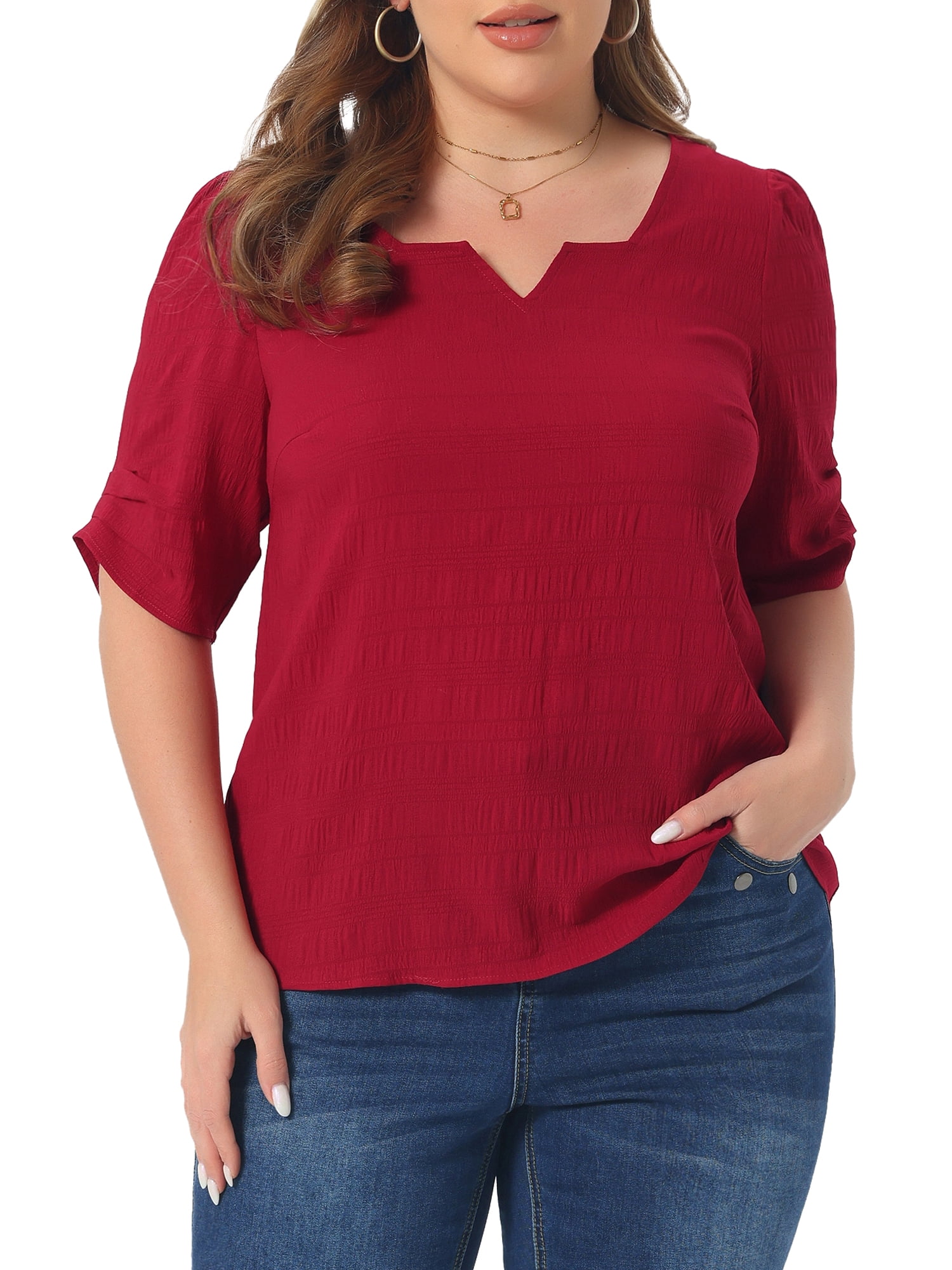 DARING DIVA Women's Plus Textured Notched V Neck Blouse 2X Burgundy