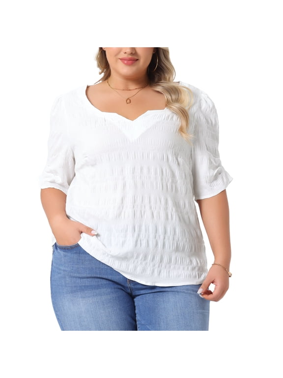 Women's Plus Textured Notched V Neck Blouse 2X White