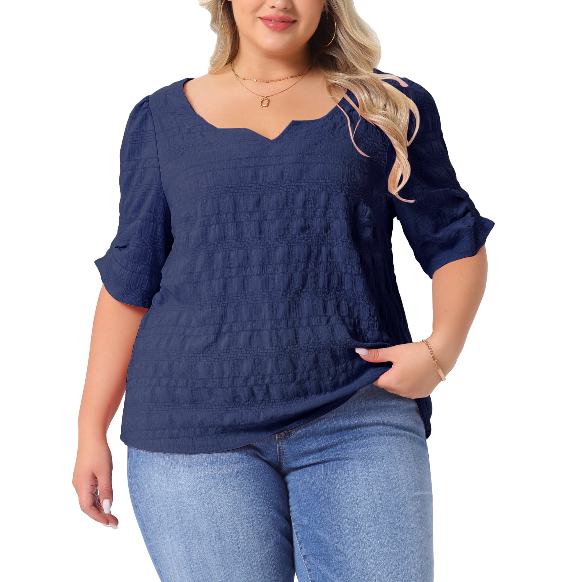 DARING DIVA Women's Plus Textured Notched V Neck Blouse 3X Dark Blue