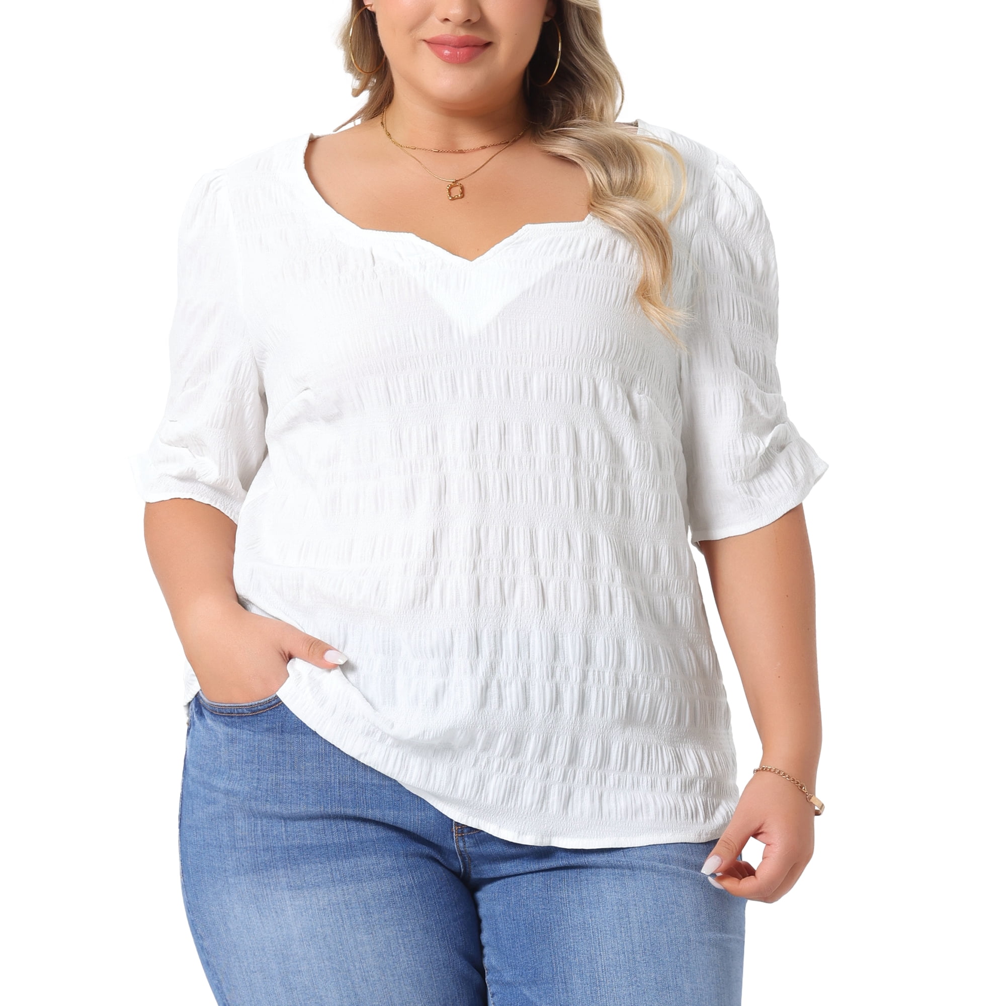 DARING DIVA Women's Plus Textured Notched V Neck Blouse 3X White