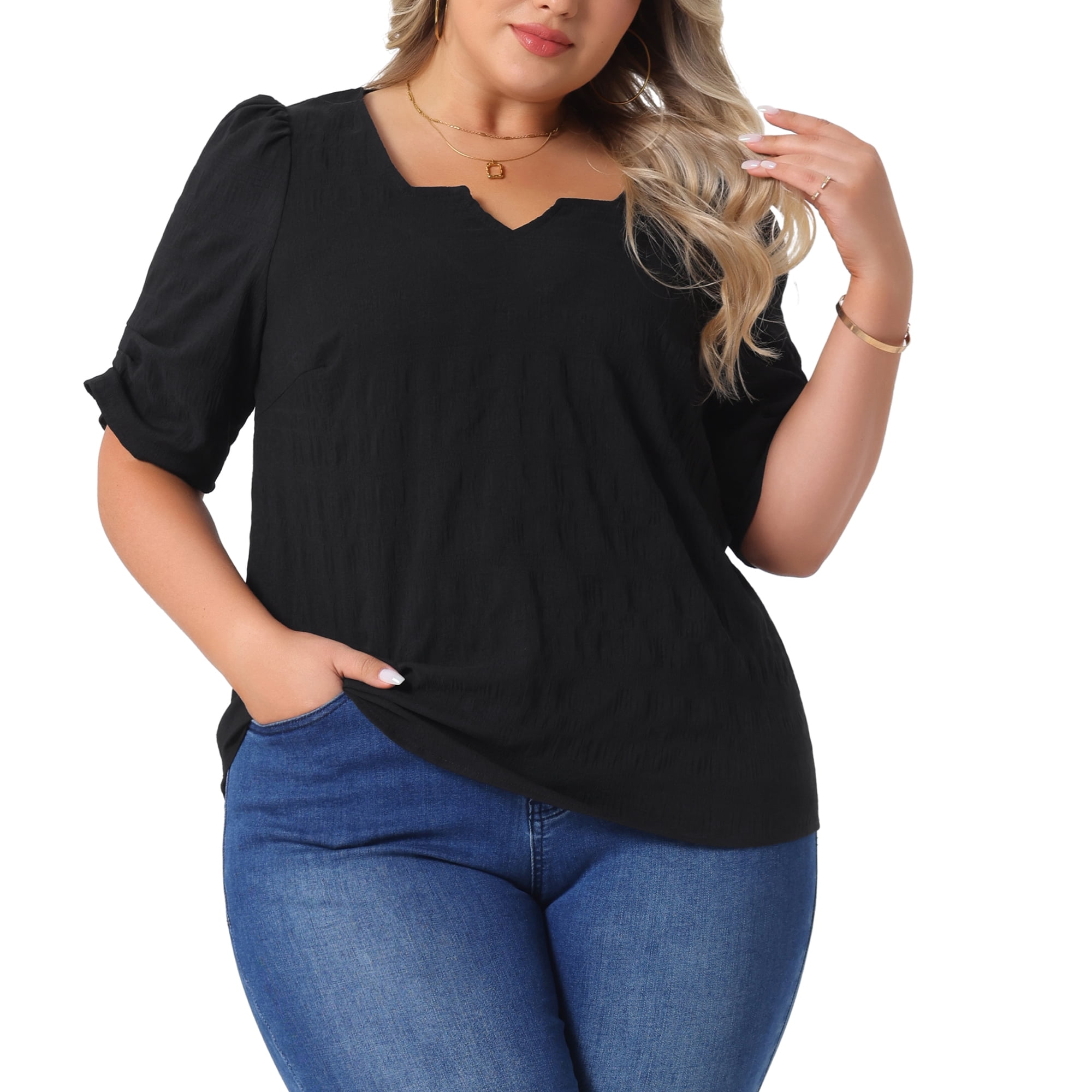 DARING DIVA Women's Plus Textured Notched V Neck Blouse 4X Black