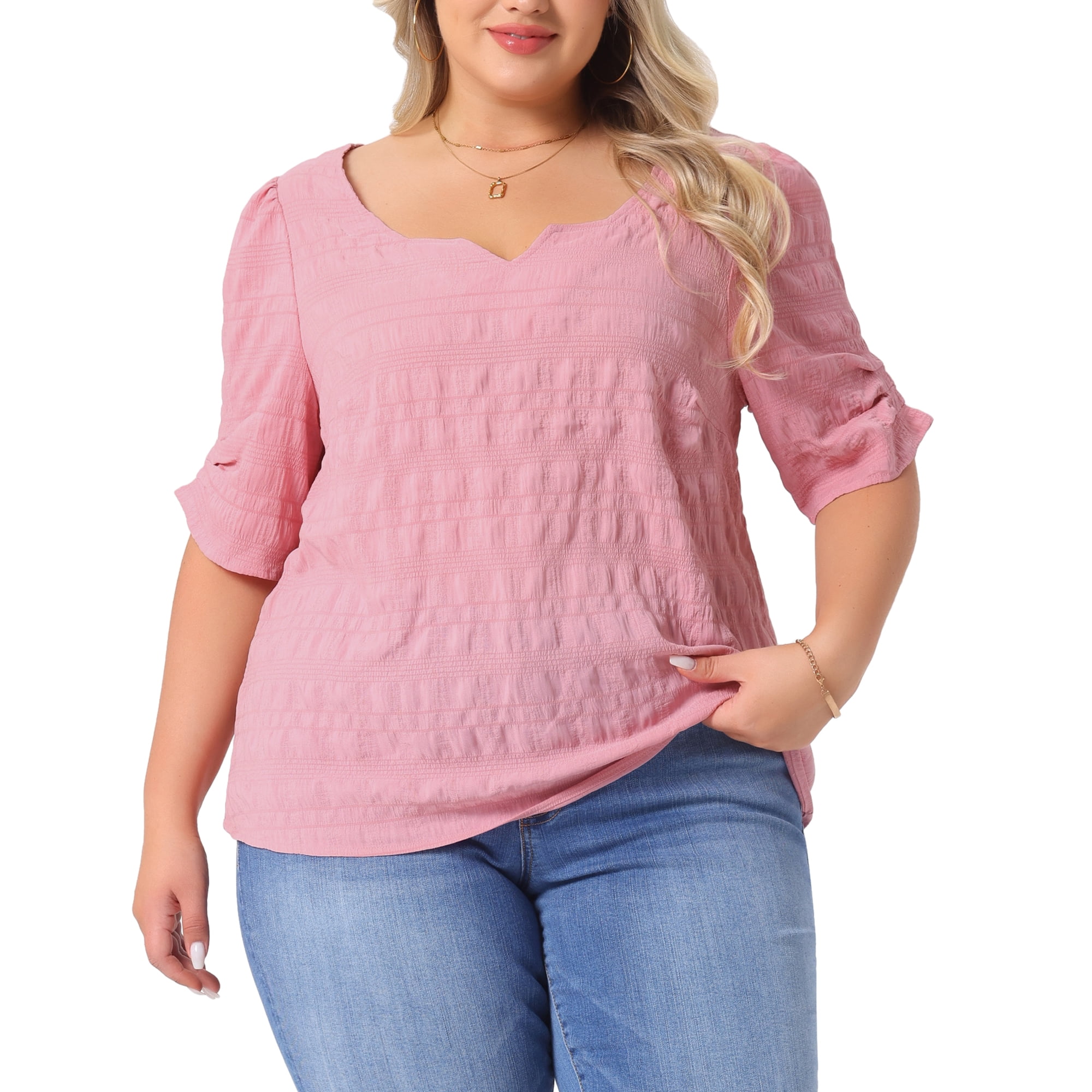 DARING DIVA Women's Plus Textured Notched V Neck Blouse 4X Pink