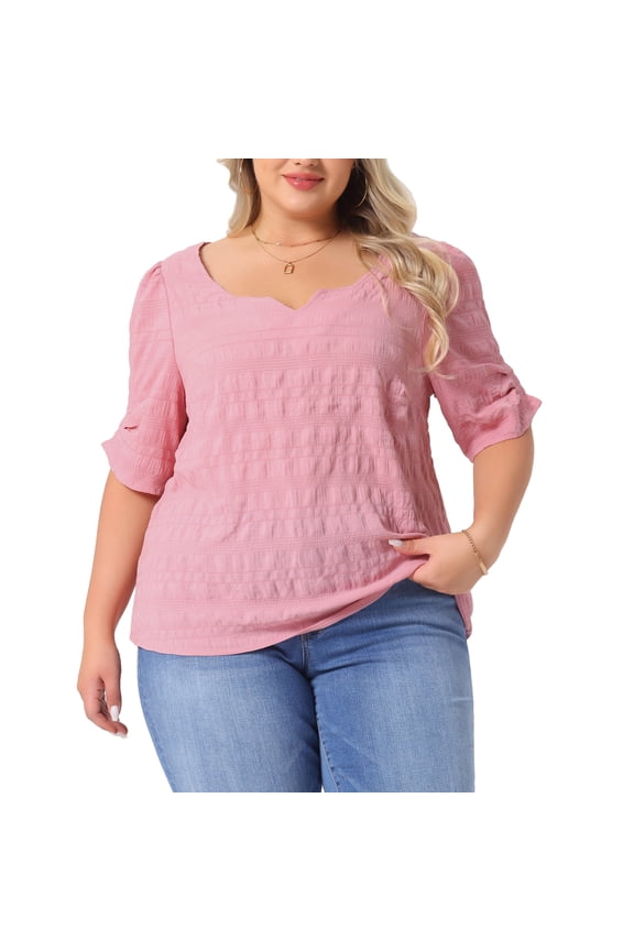 Women's Plus Textured Notched V Neck Short Sleeve Blouse 4X Pink
