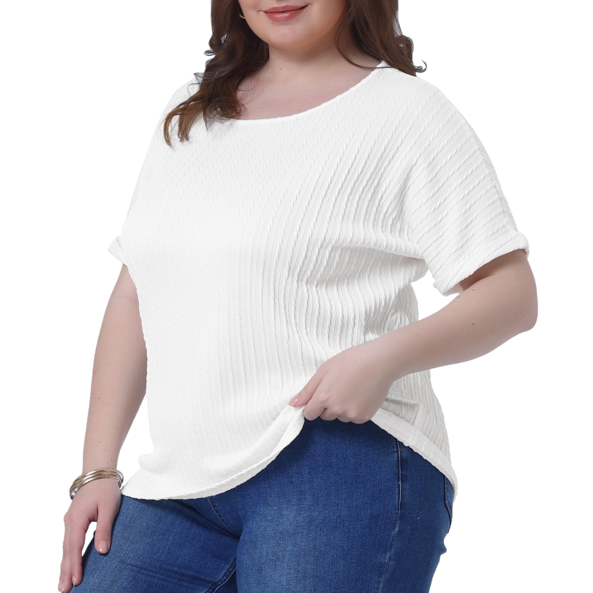 DARING DIVA Women's Plus Textured Rolled Sleeve Tee Crew Neck Blouses 1X White