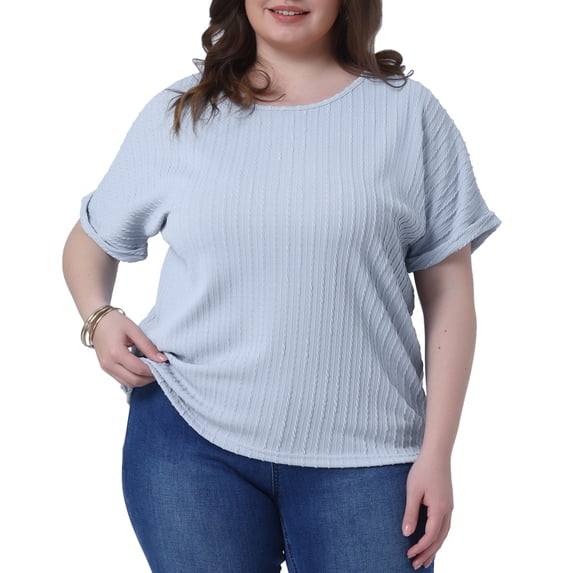 DARING DIVA Women's Plus Textured Rolled Sleeve Tee Crew Neck Blouses 2X Light Blue