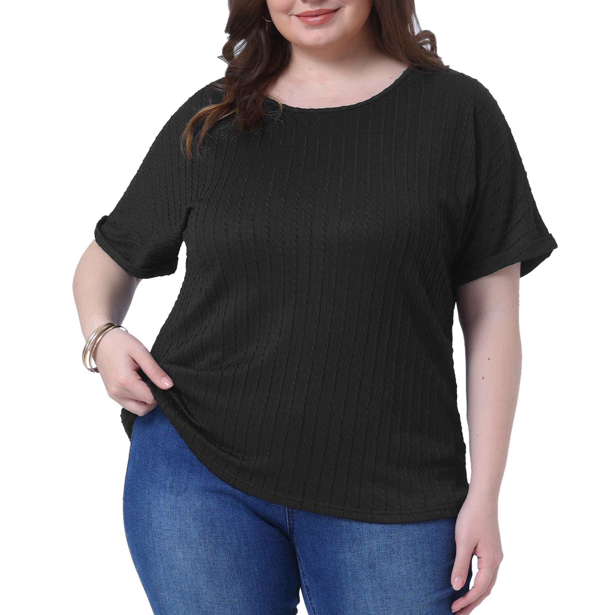 DARING DIVA Women's Plus Textured Rolled Sleeve Tee Crew Neck Blouses 3X Black