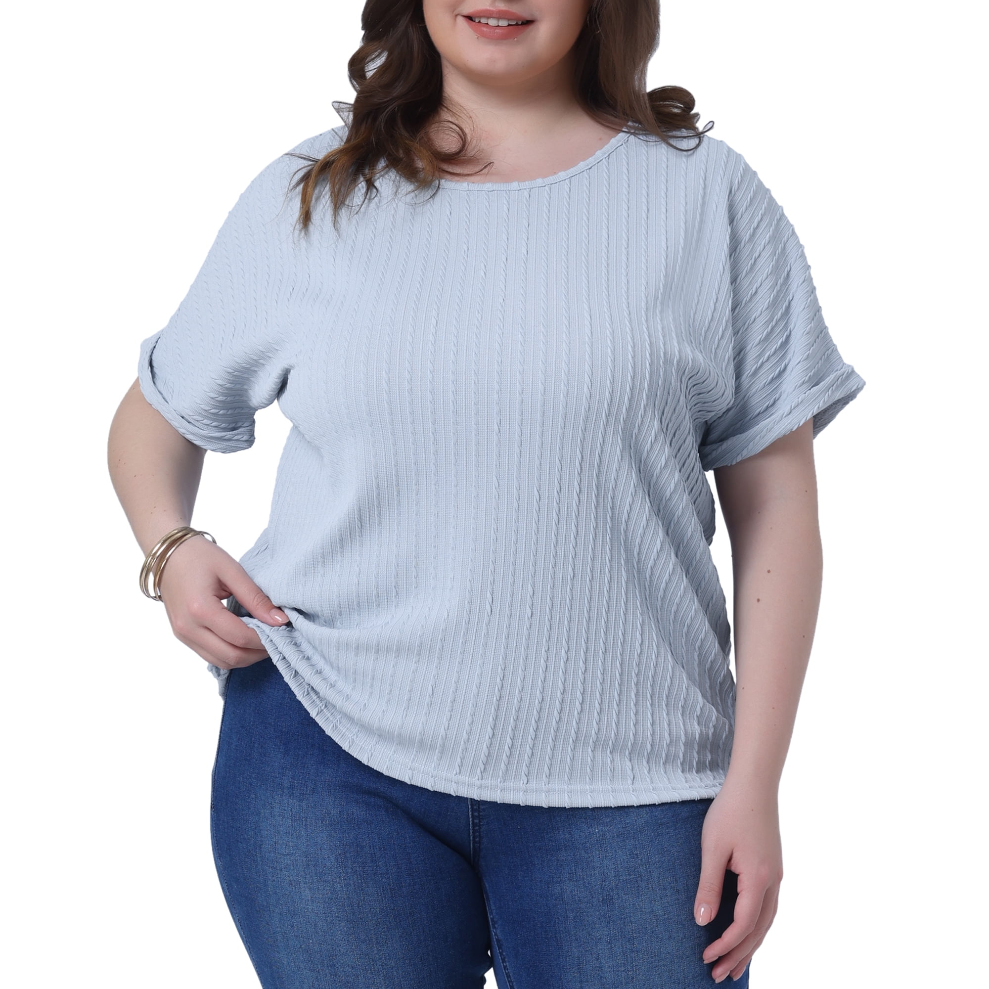 DARING DIVA Women's Plus Textured Rolled Sleeve Tee Crew Neck Blouses 3X Light Blue