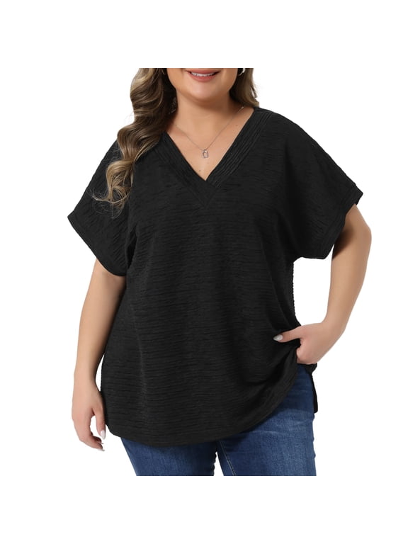Women's Plus V Neck Short Sleeve Textured Tops 4X Black