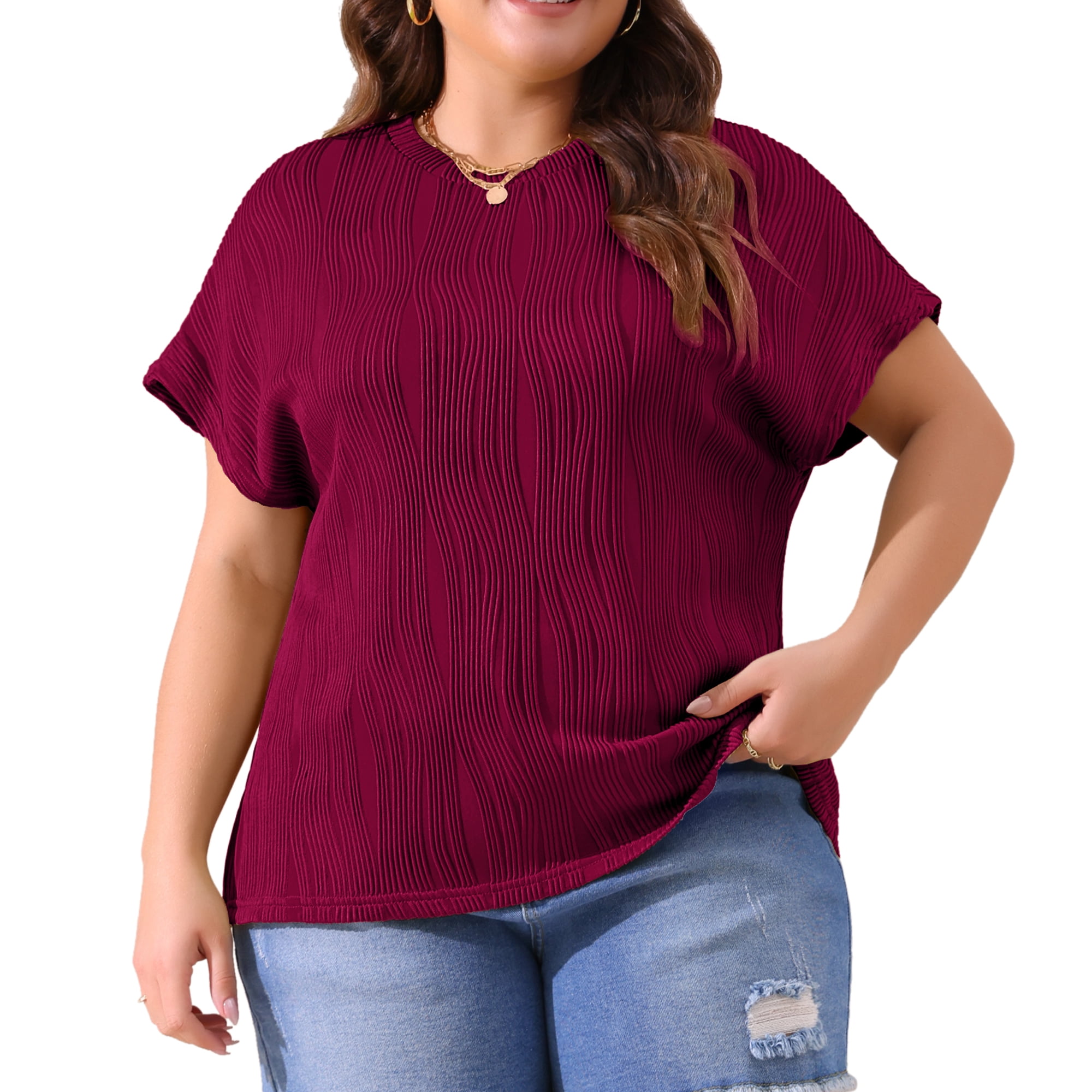 Women's Plus Women's Short Sleeve Textured Tops Crewneck Casual T Shirts 3X Burgundy