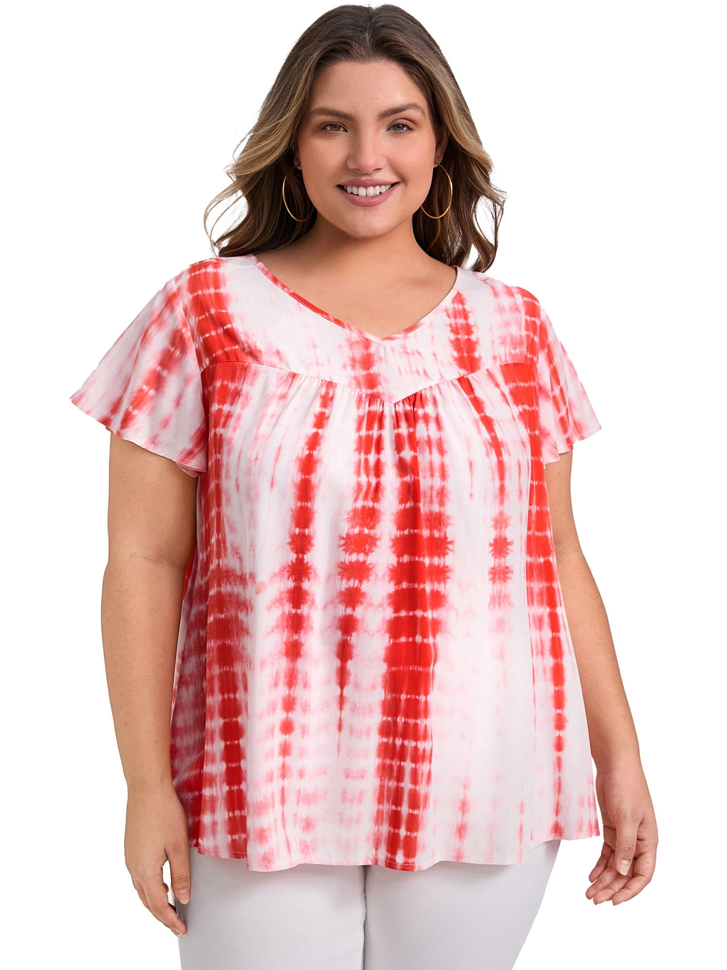 DARING DIVA Women's Plus Tie Dye V Neck Ruffle Sleeve Blouse 2X Orange