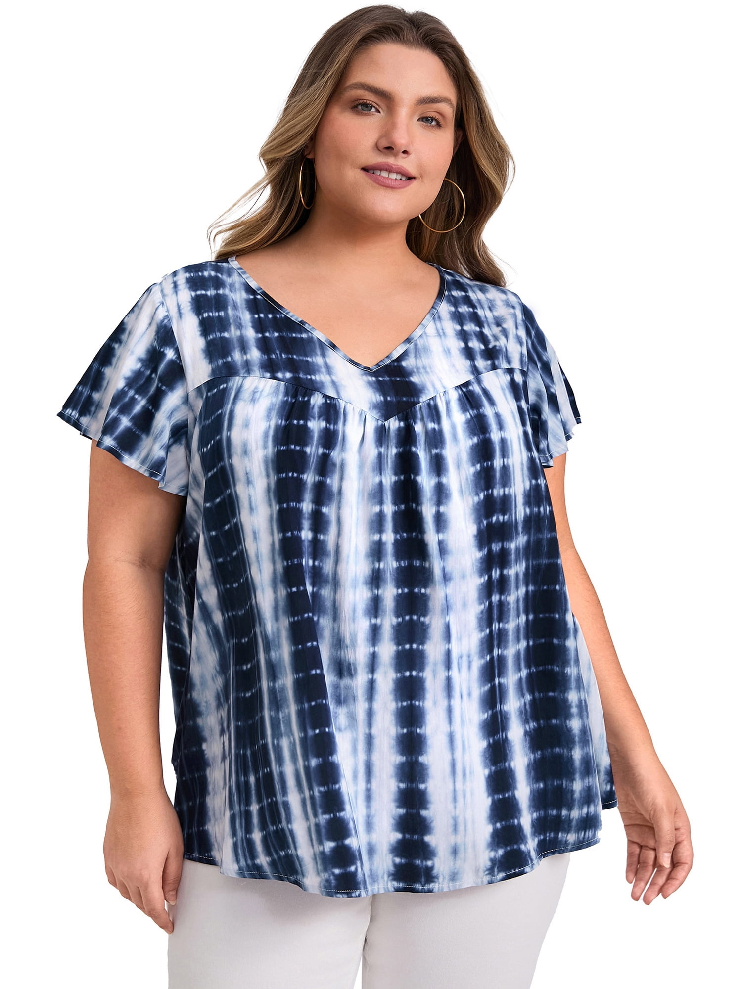 DARING DIVA Women's Plus Tie Dye V Neck Ruffle Sleeve Blouse 3X Dark Blue