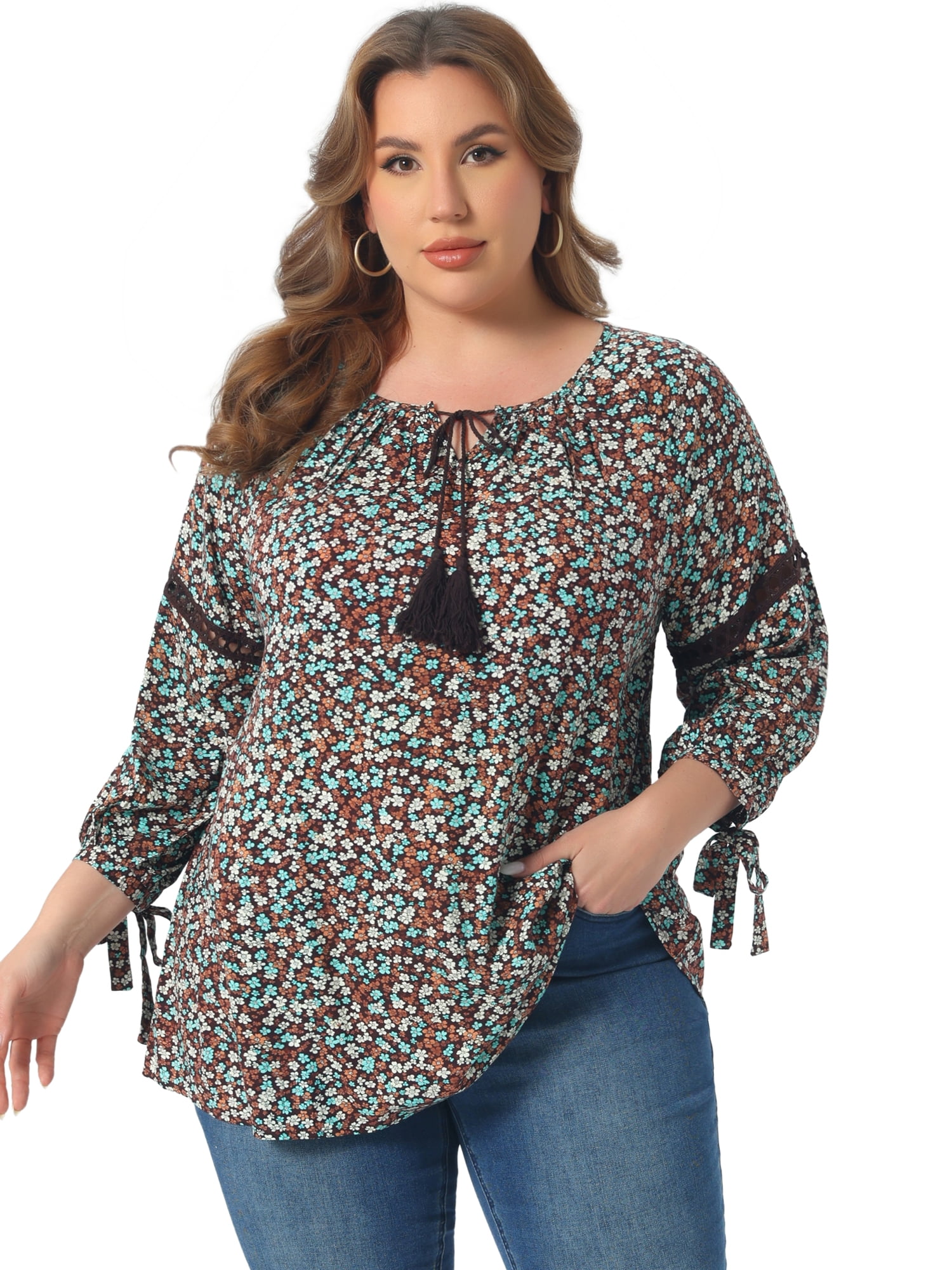 DARING DIVA Women's Plus Tie-Neck Raglan Sleeves Hollow Out Top 1X Dark Brown